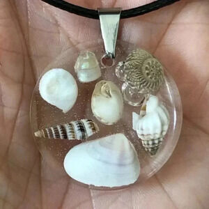 Mini Real Seashells Resin Circle Black Waxed Cord Necklace Handmade New